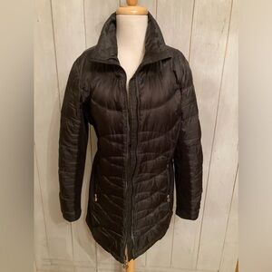 Michael Kors MK Women's Puffer Jacket Coat Black Gold Logo Zipper Pulls Long S-M